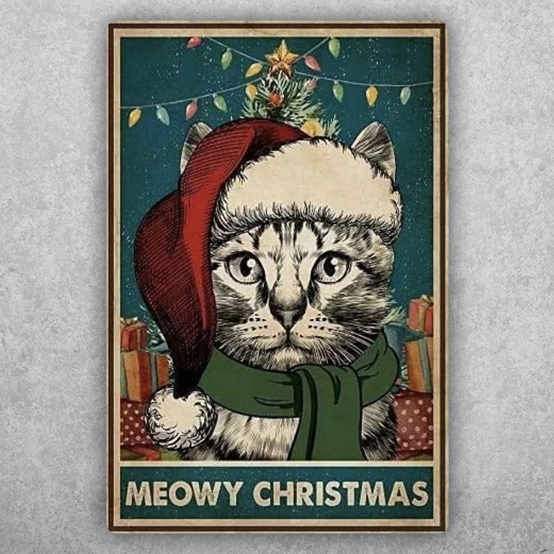Meowy Christmas: Cat Lover's Coffee Vintage Tin Sign - Personalize Wall Art