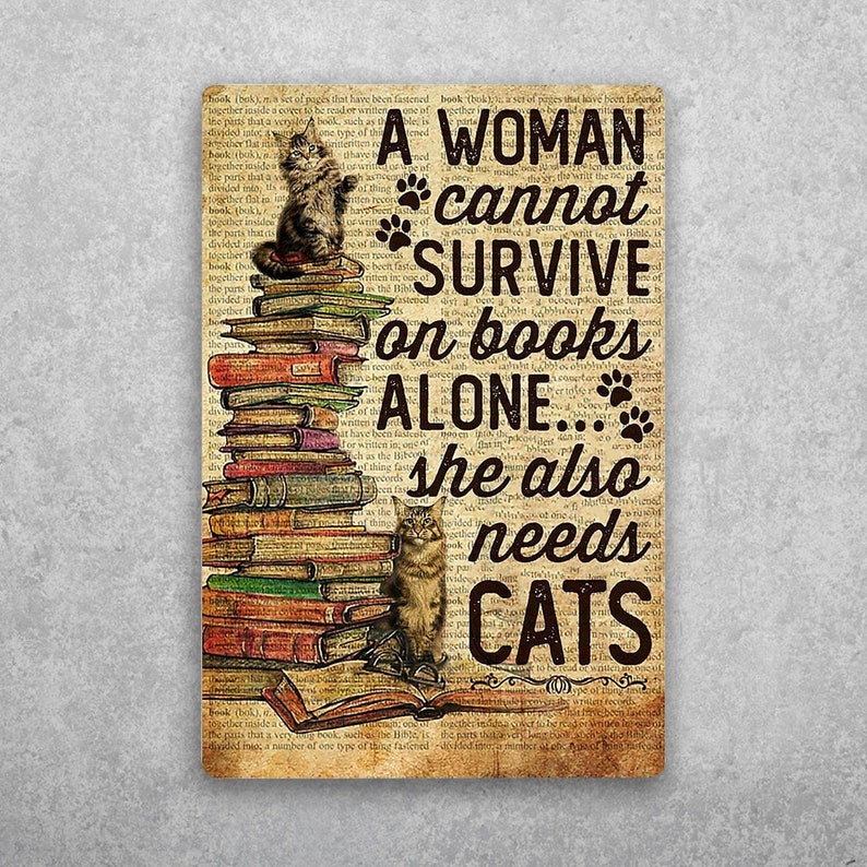 Witty Cat & Book Lover's Bathroom Decor Vintage Tin Sign - Personalize Wall Art
