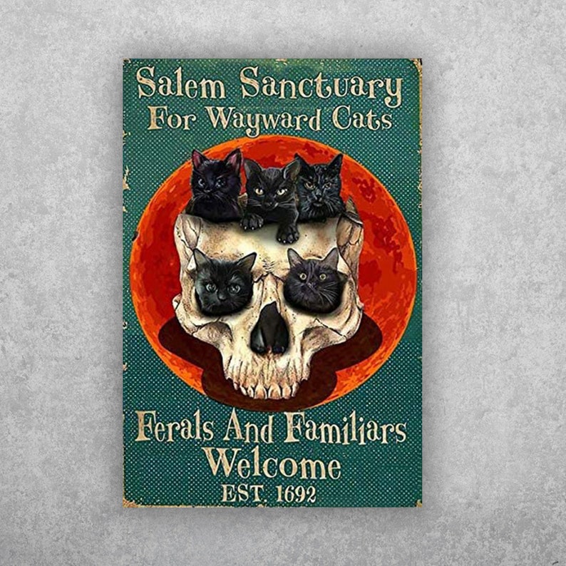 Witchy Black Cat Vintage Tin Sign: Salem Sanctuary Decor - Personalize Wall Art