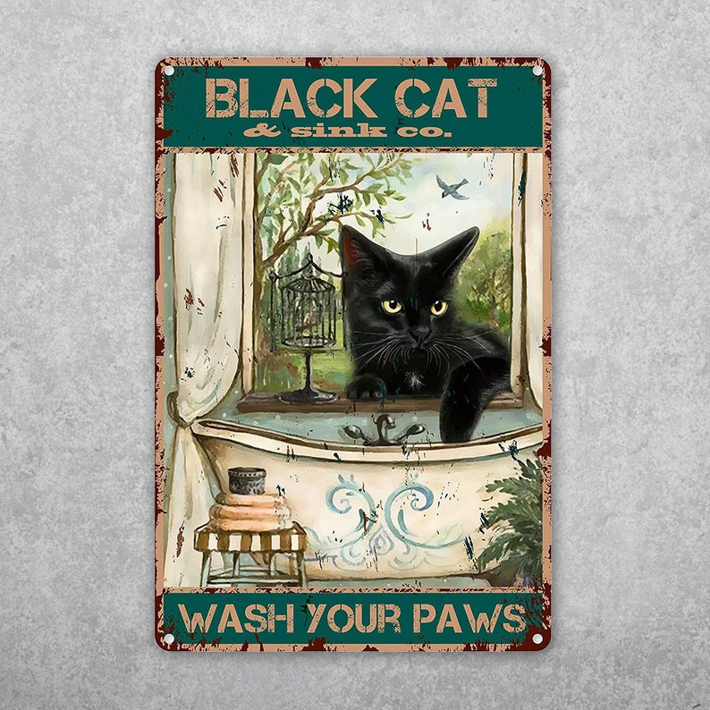 Retro Black Cat Art: Funny "Wash Your Paws" Vintage Metal Sign - Personalize Wall Art