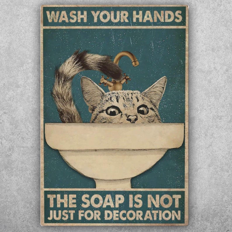 Purr-fect Hand Washing: Funny Cat Retro Tin Bathroom Sign - Personalize Wall Art