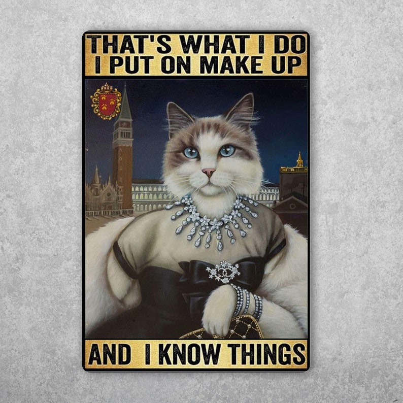 Chic Cat's Motto: Makeup & Secrets Vintage Tin Sign Decor - Personalize Wall Art
