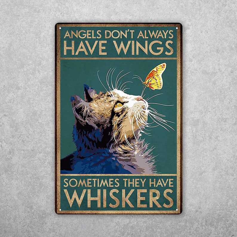 Divine Feline Humor: Whiskered Angel Cat Vintage Tin Sign - Personalize Wall Art