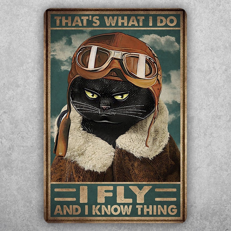Funny Cat "I Fly & I Know Things" Retro Tin Bathroom Sign - Personalize Wall Art