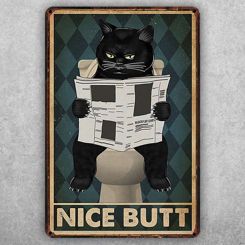 Wink & Grin: Funny Cat 'Nice Butt' Bathroom Vintage Tin Sign - Personalize Wall Art