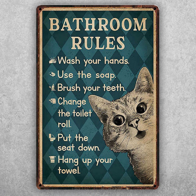 Vintage Black Cat Bathroom Rules Plaque | Retro Tin Wall Decor - Personalize Wall Art