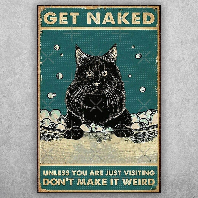 Bar Decor Vintage Tin Sign: Funny Cat "Get Naked" Plaque - Personalize Wall Art