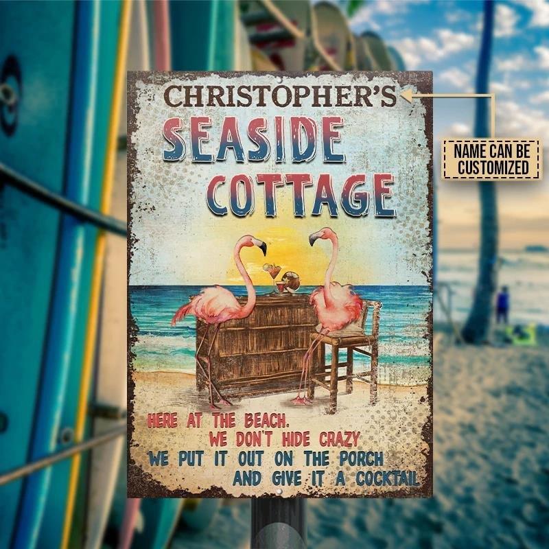 Custom Vintage Tin Sign: Tropical Flamingo Beach Art for Cottage