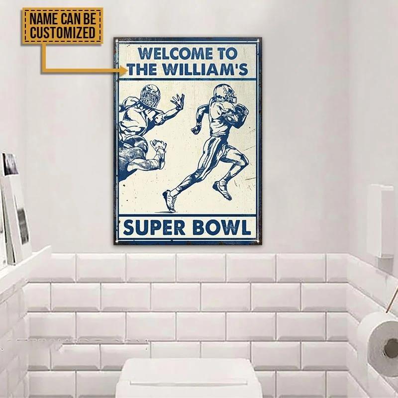 Custom Super Bowl Vintage Tin Sign - Blue Football Pattern Art - Personalize Wall Art