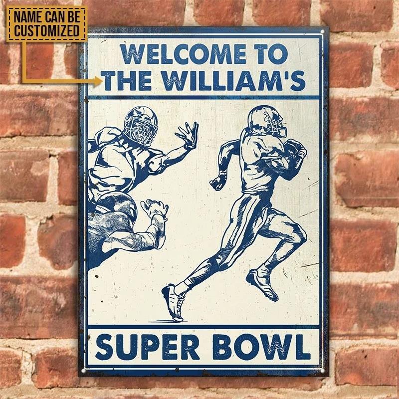 Custom Super Bowl Vintage Tin Sign - Blue Football Pattern Art