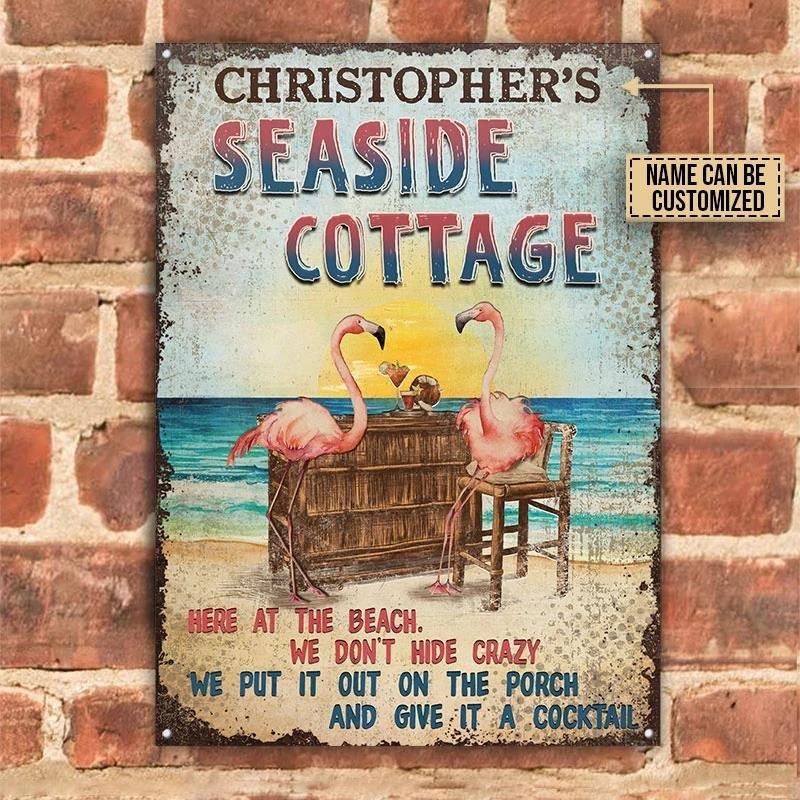 Custom Vintage Tin Sign: Tropical Flamingo Beach Art for Cottage - Personalize Wall Art
