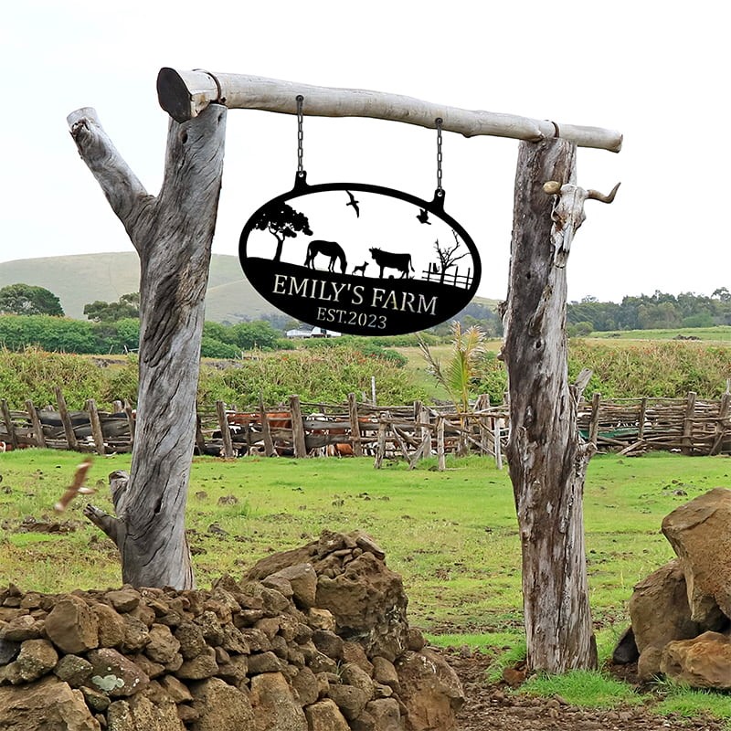 Personalized Farm Family Metal Sign - Cow, Horse, Dog Art
