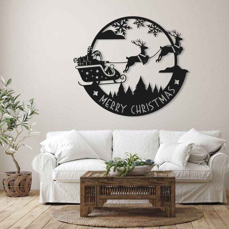 Enchanting Santa Sleigh Deer Christmas Metal Sign D�cor