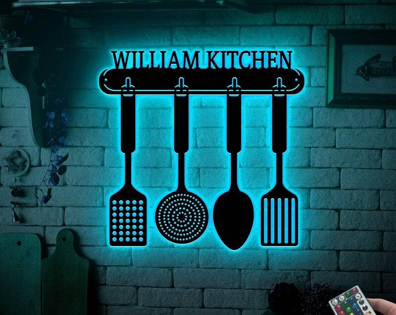 Glowing Personalized Chef Metal Sign with LED for Kitchen Decor - Personalize Wall Art