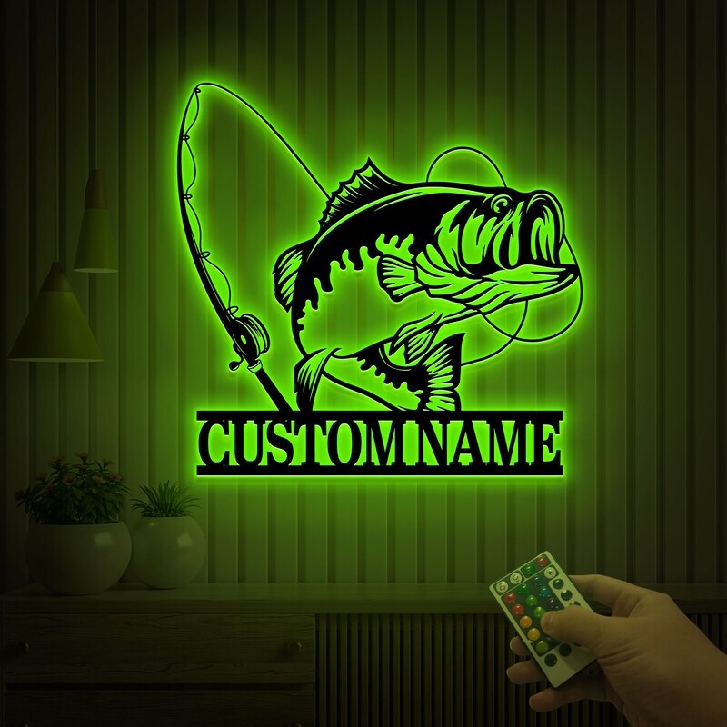 Dad's Lake House Light-Up Bass Metal Sign - Personalize Wall Art