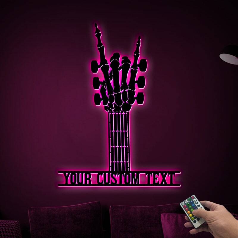 Personalized "Rock On" Skeleton Guitar LED Metal Sign for Dad