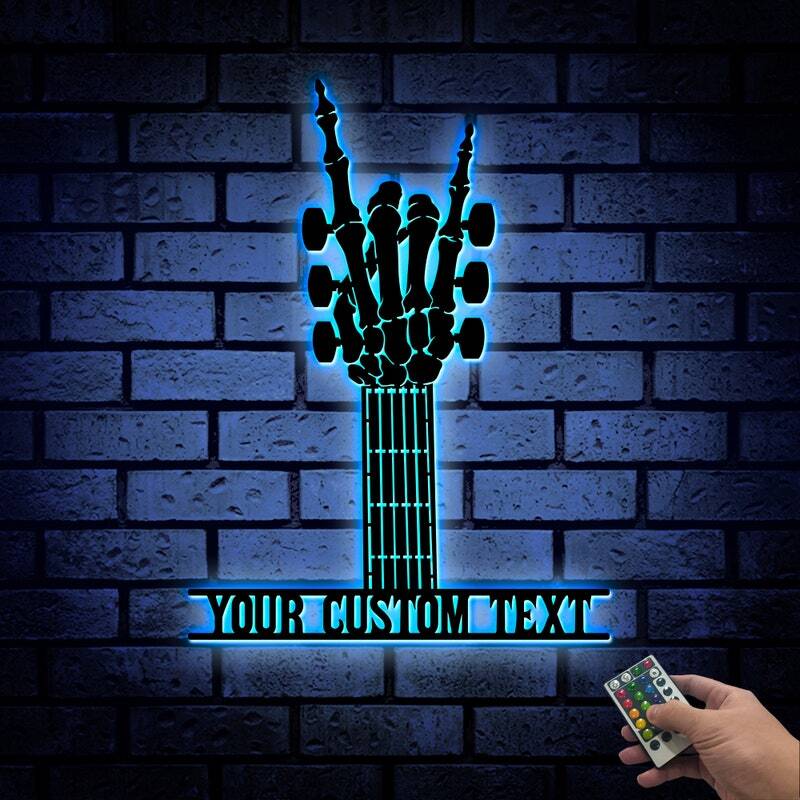Personalized "Rock On" Skeleton Guitar LED Metal Sign for Dad