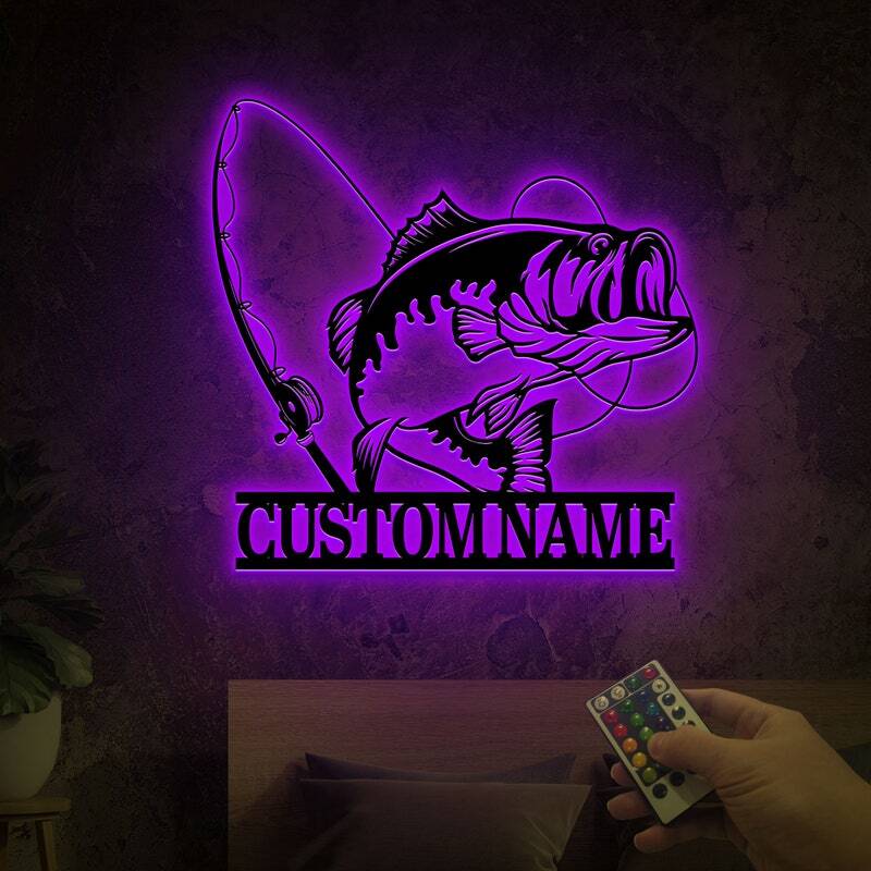 Dad's Lake House Light-Up Bass Metal Sign
