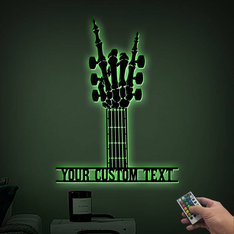 Personalized "Rock On" Skeleton Guitar LED Metal Sign for Dad