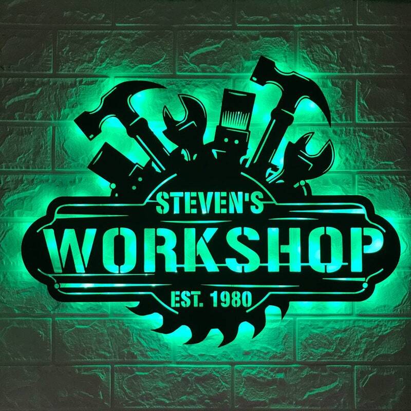 Dad's Workshop & Man Cave Metal Sign - Personalized LED Art - Personalize Wall Art