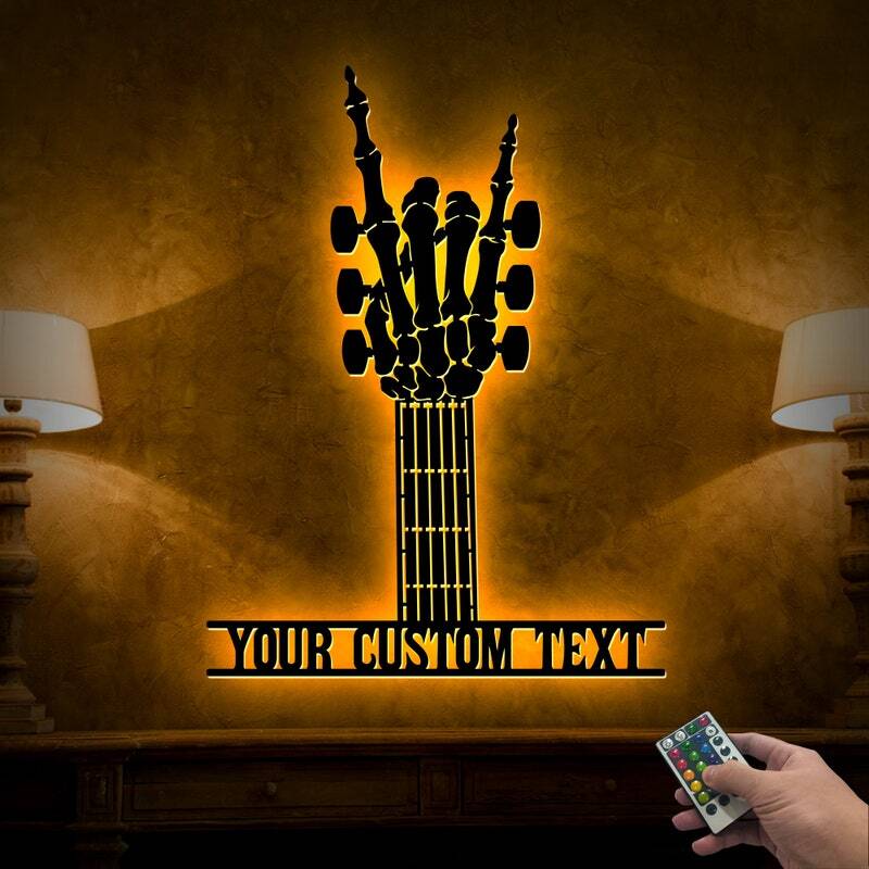 Personalized "Rock On" Skeleton Guitar LED Metal Sign for Dad - Personalize Wall Art