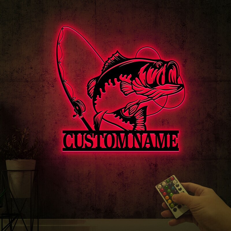 Dad's Lake House Light-Up Bass Metal Sign