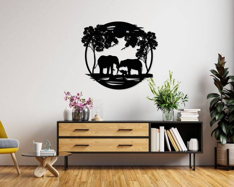 Endearing Elephant Family Silhouette Metal Sign for Your Wall