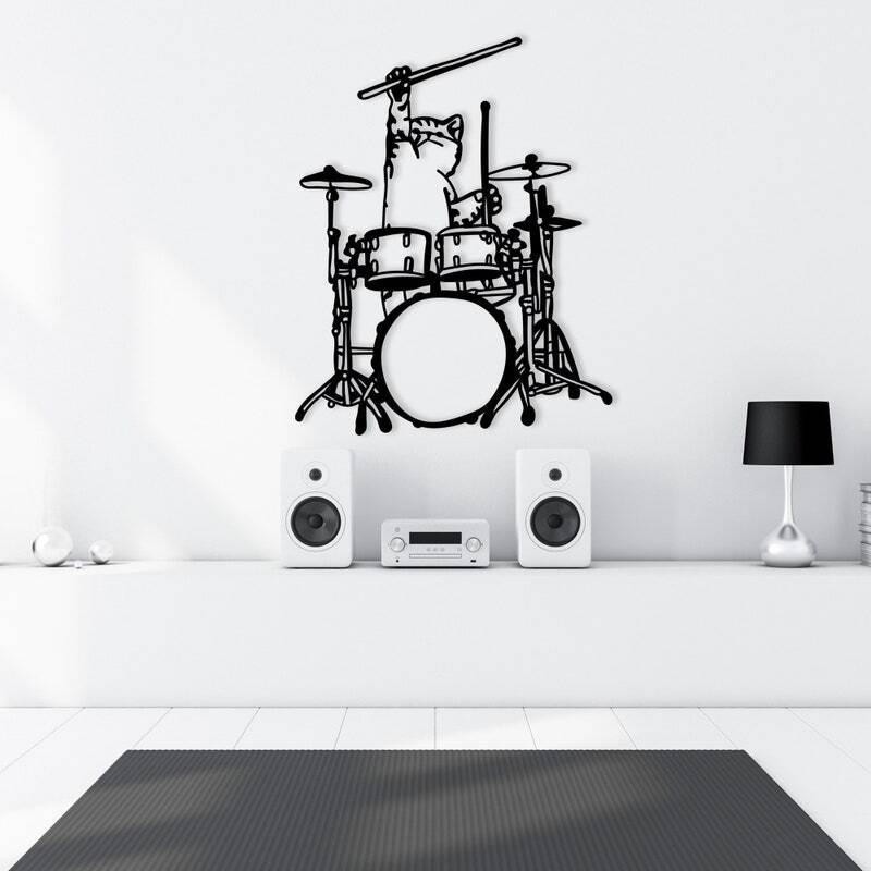 Rhythm & Art - Geometric Cat Drummer Metal Wall Sign - Personalize Wall Art