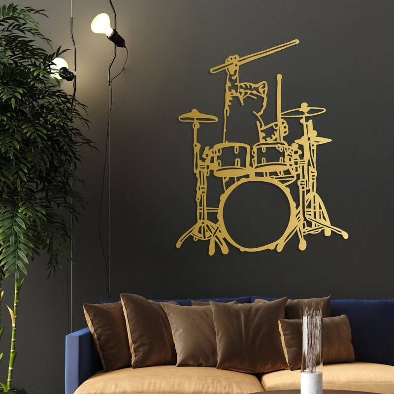 Rhythm & Art - Geometric Cat Drummer Metal Wall Sign