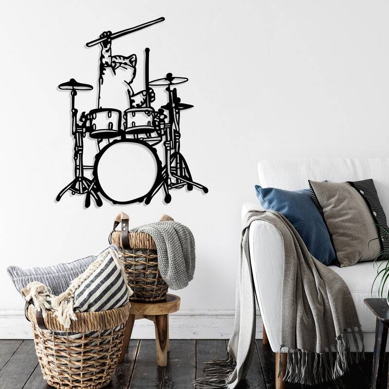 Rhythm & Art - Geometric Cat Drummer Metal Wall Sign