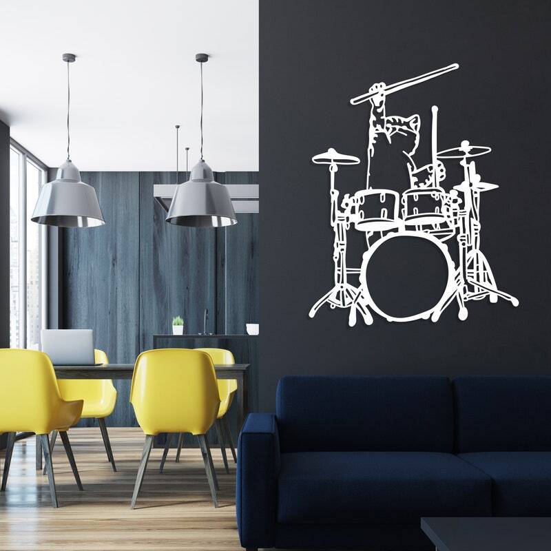 Rhythm & Art - Geometric Cat Drummer Metal Wall Sign