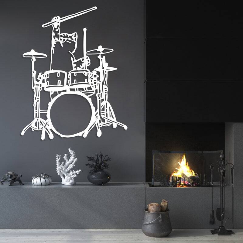 Rhythm & Art - Geometric Cat Drummer Metal Wall Sign