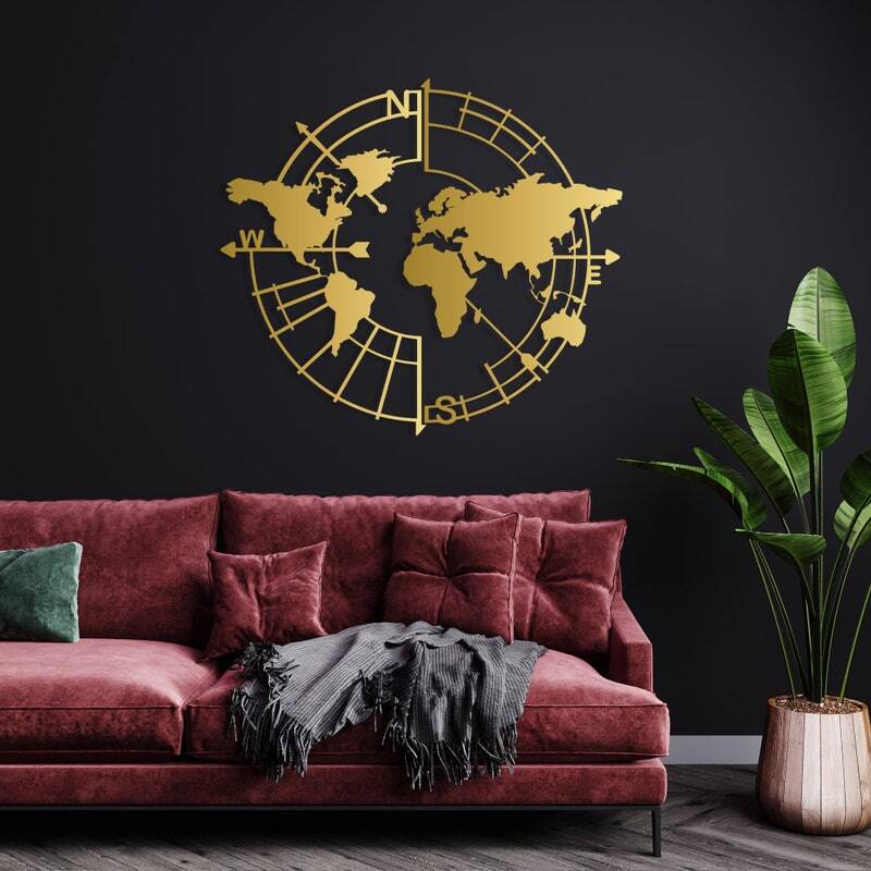 Abstract Wanderlust Metal Sign - Geometric World Map for Office Decor