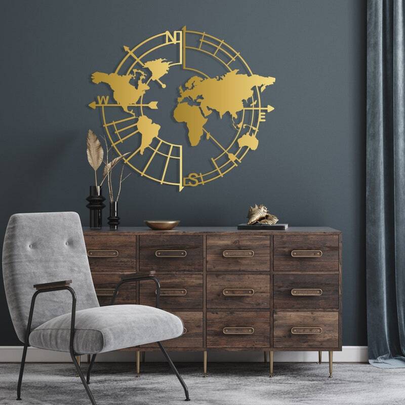 Abstract Wanderlust Metal Sign - Geometric World Map for Office Decor