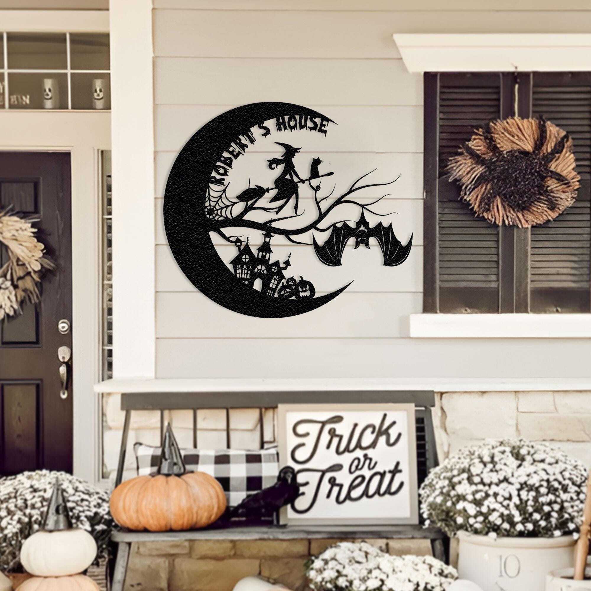 Enchanted Moon Metal Sign - Personalized Witch & Bat Halloween Decor