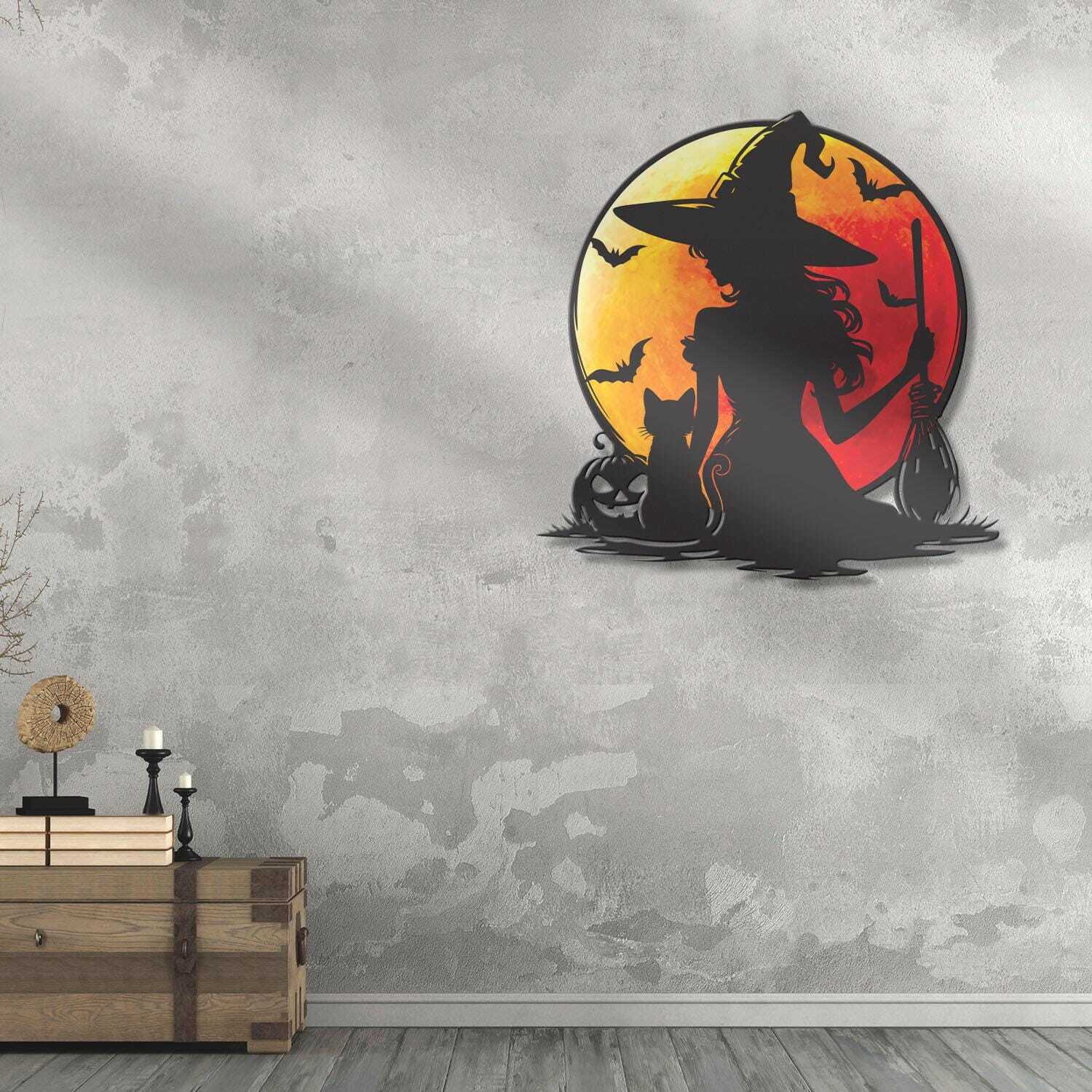 Bewitching Black Cat & Blood Moon Metal Sign Decor