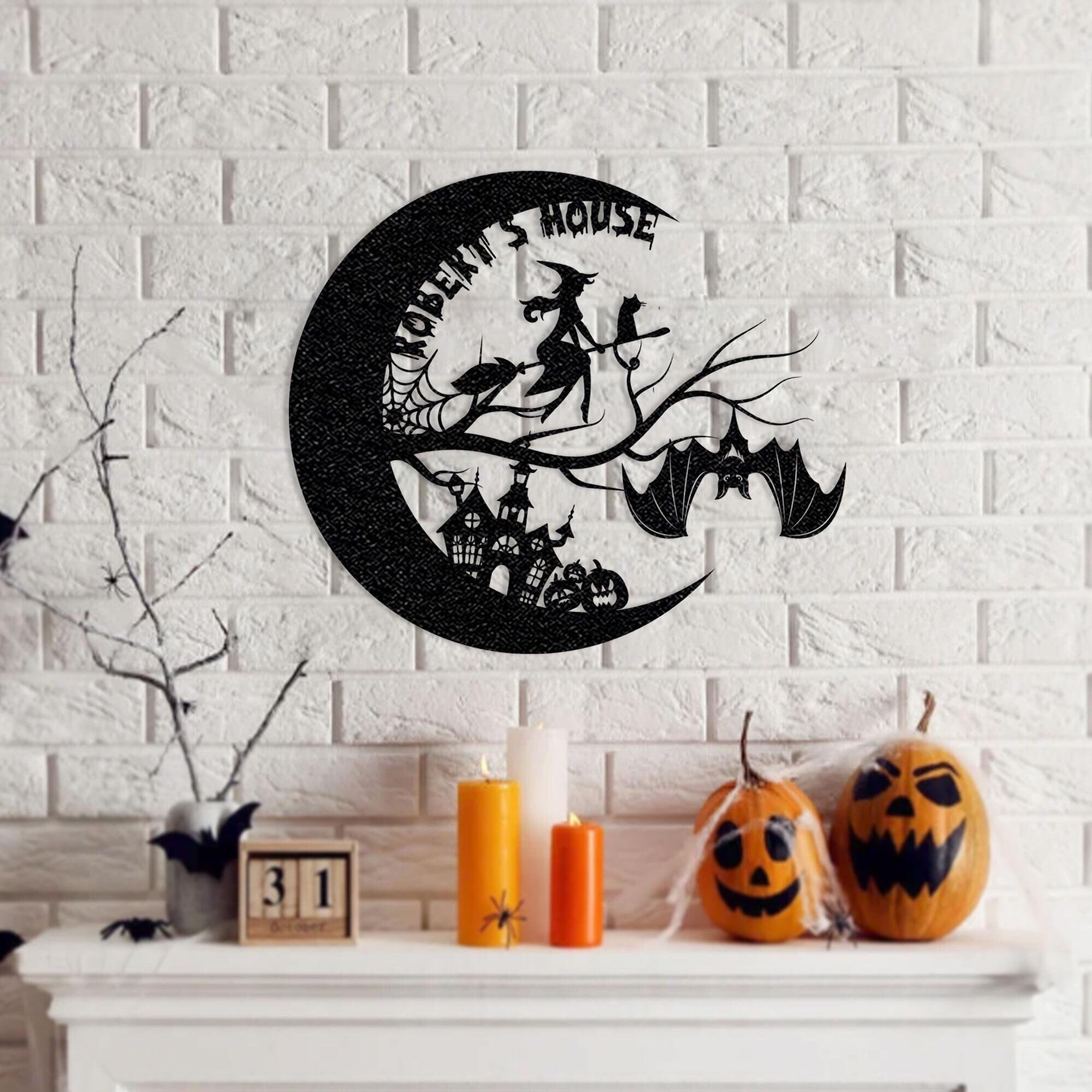 Enchanted Moon Metal Sign - Personalized Witch & Bat Halloween Decor - Personalize Wall Art