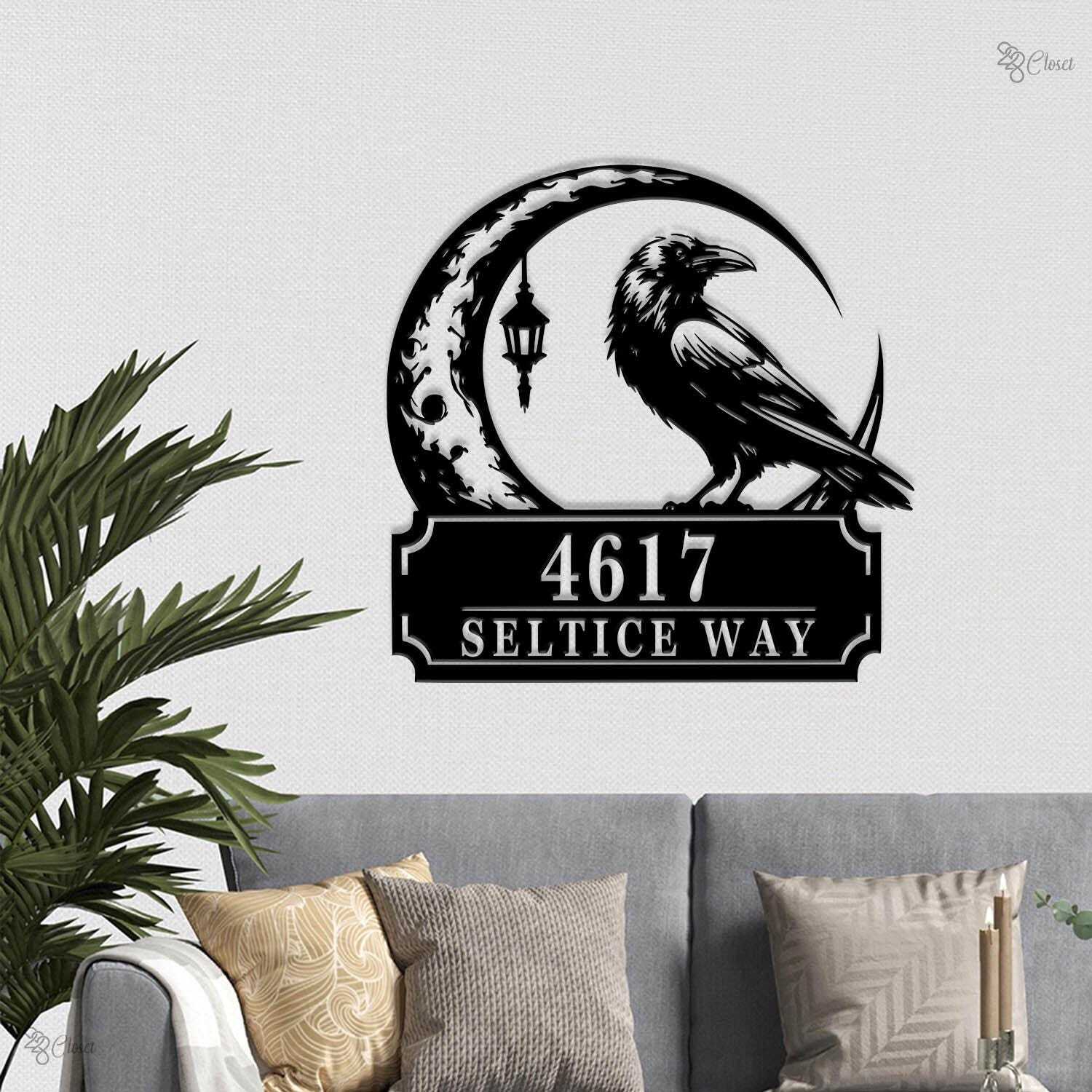 Personalized Raven Address Sign - Gothic Halloween Metal Decor