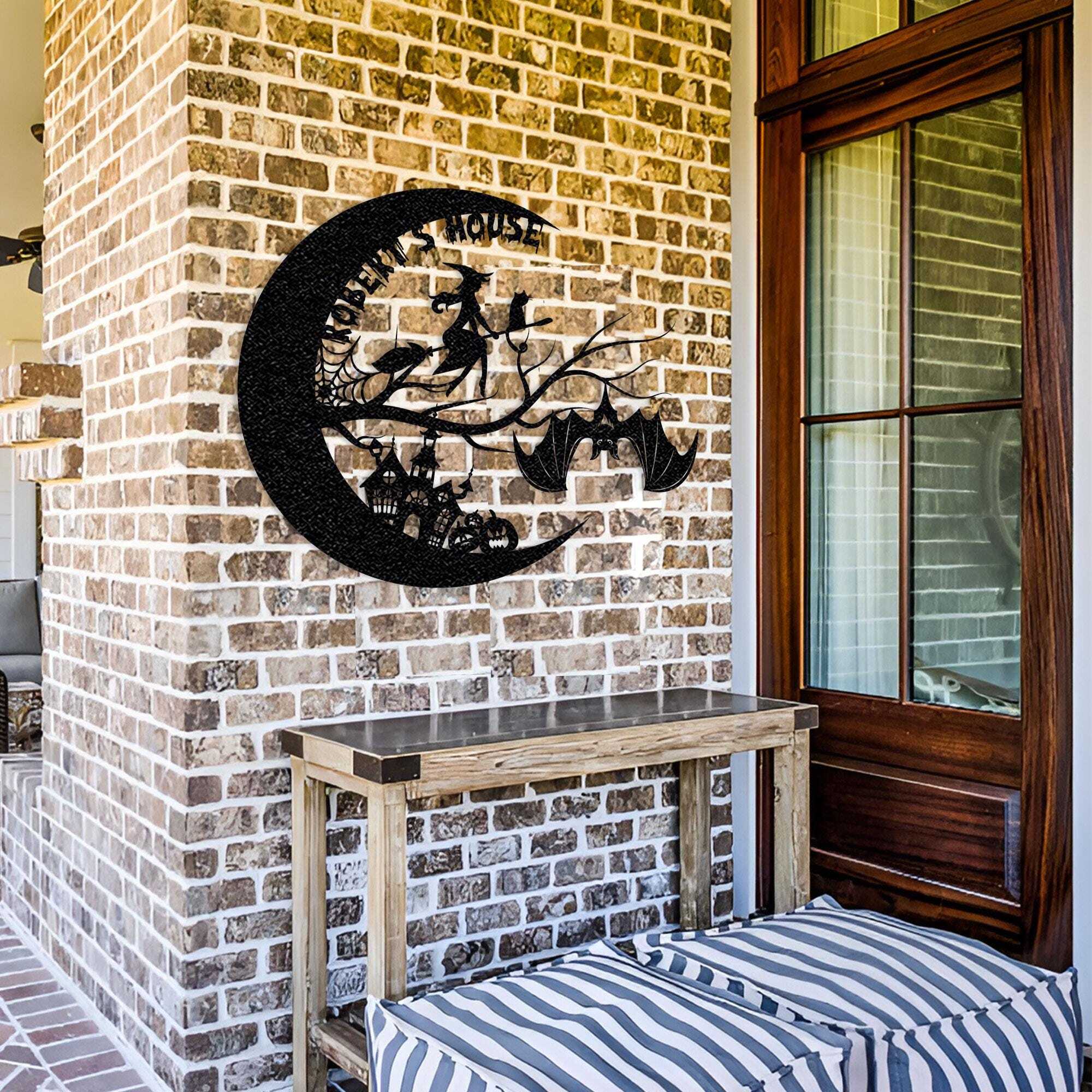 Enchanted Moon Metal Sign - Personalized Witch & Bat Halloween Decor
