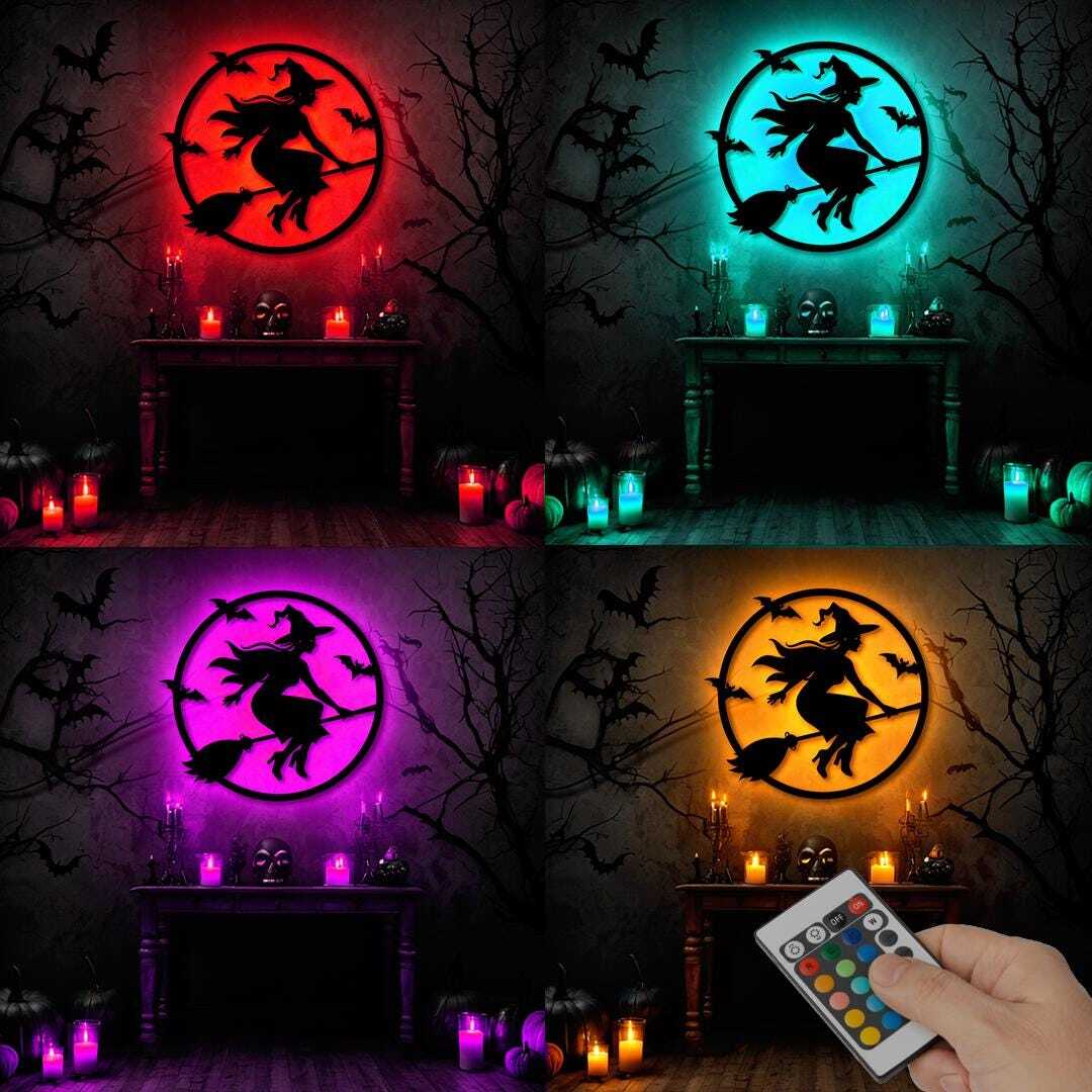 Witch Silhouetted Moon Metal Sign for Spooky Halloween Decor