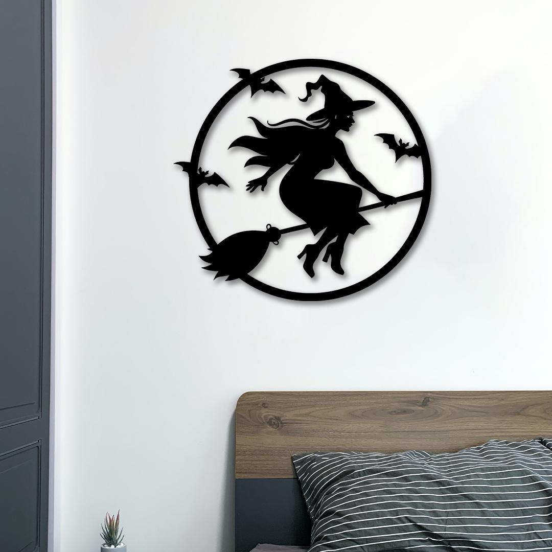Witch Silhouetted Moon Metal Sign for Spooky Halloween Decor - Personalize Wall Art