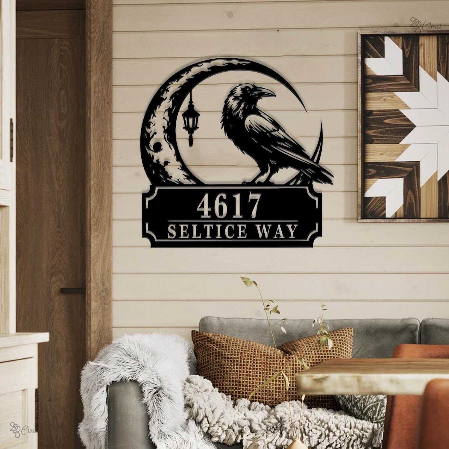 Personalized Raven Address Sign - Gothic Halloween Metal Decor - Personalize Wall Art
