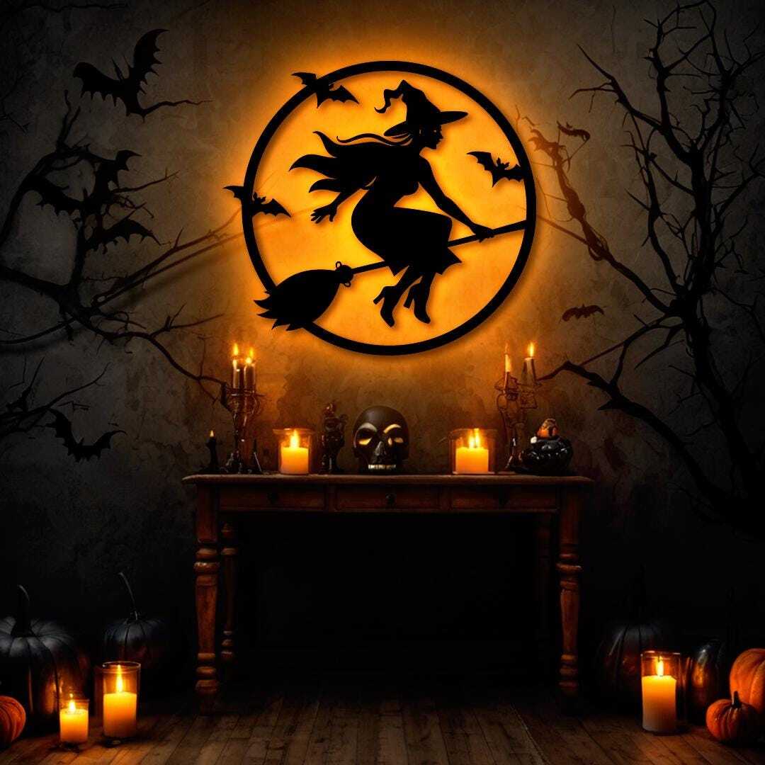 Witch Silhouetted Moon Metal Sign for Spooky Halloween Decor