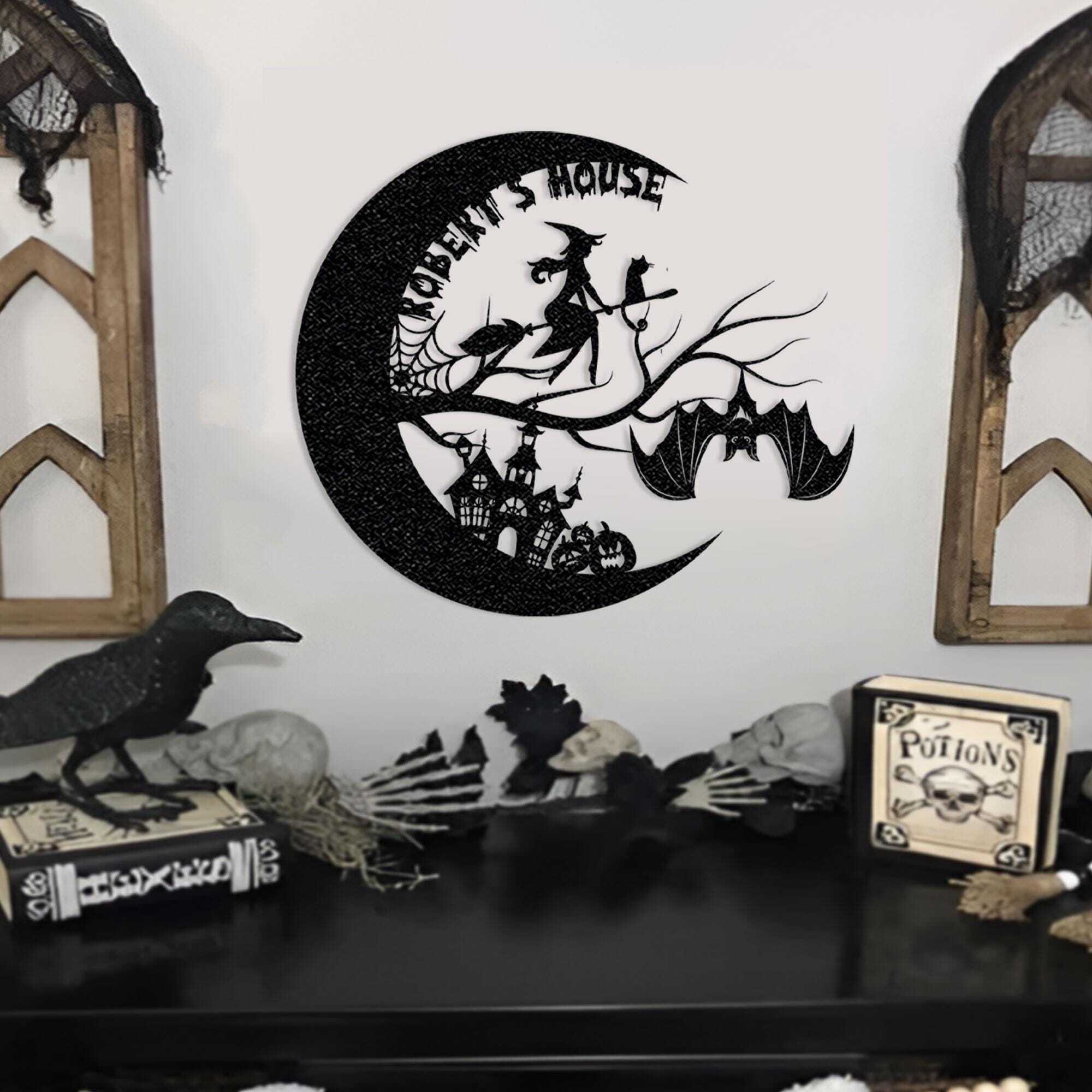 Enchanted Moon Metal Sign - Personalized Witch & Bat Halloween Decor