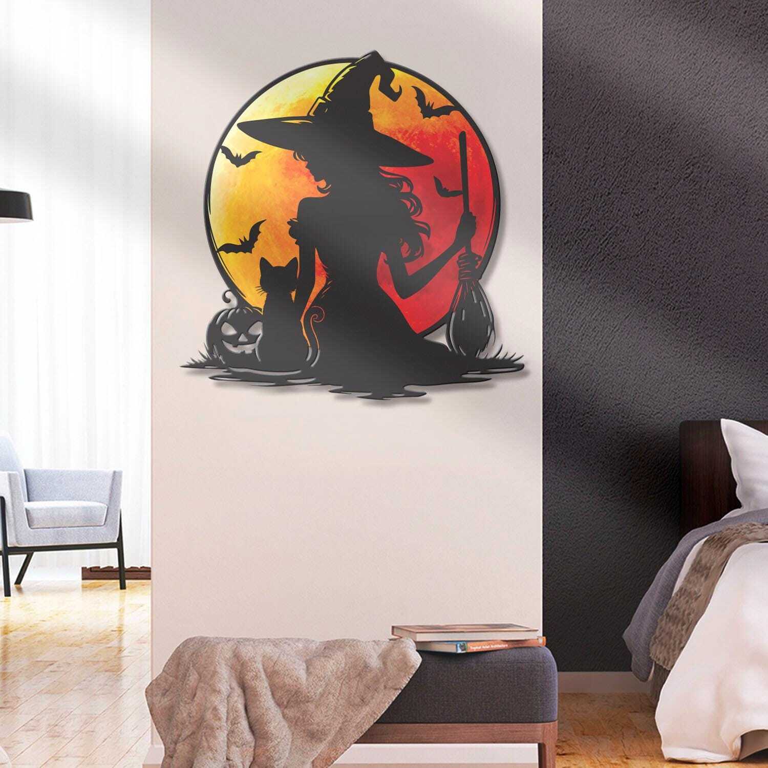Bewitching Black Cat & Blood Moon Metal Sign Decor