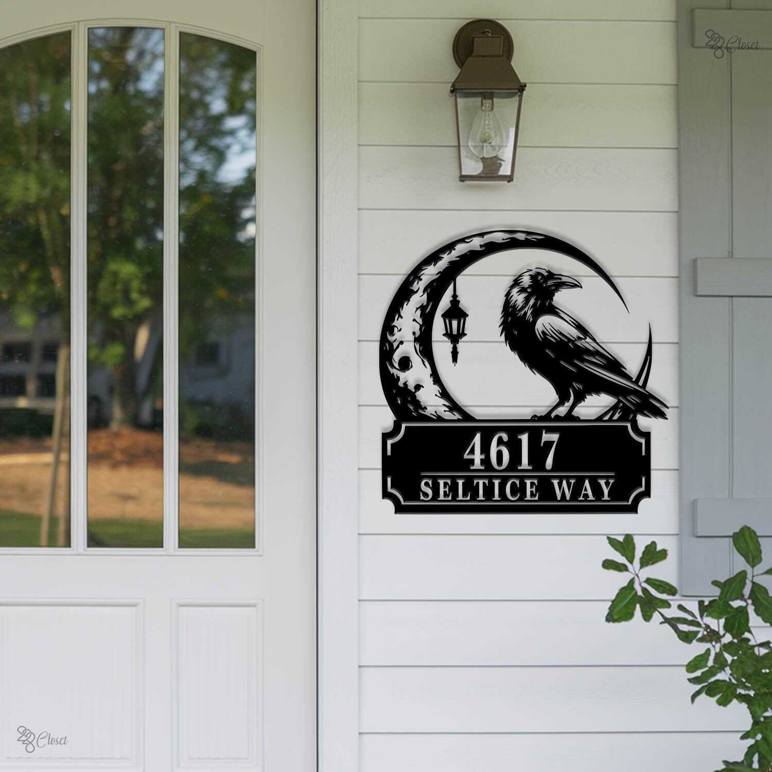 Personalized Raven Address Sign - Gothic Halloween Metal Decor