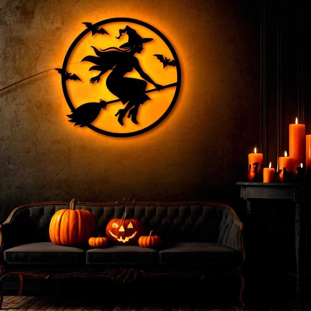 Witch Silhouetted Moon Metal Sign for Spooky Halloween Decor