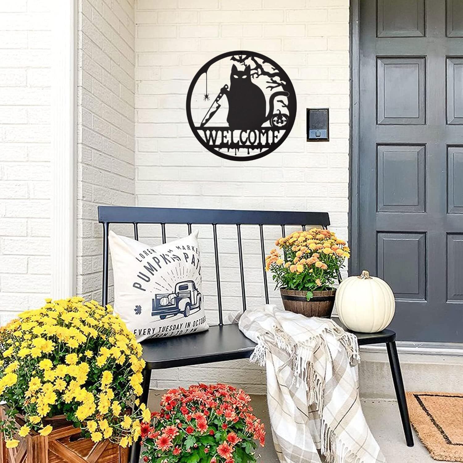 Eerie Welcome Gothic Metal Sign for Your Halloween Door Decor