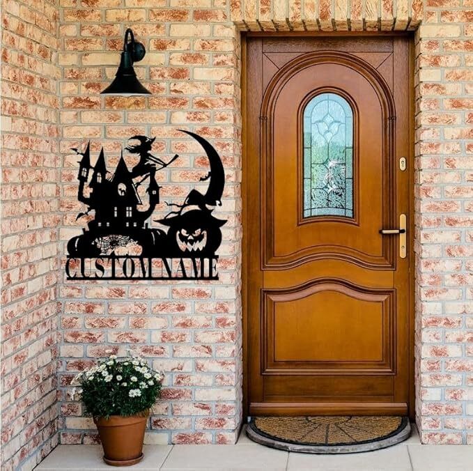 Spooky Halloween Metal Sign with Witch, Black Cat, and Pumpkin Art