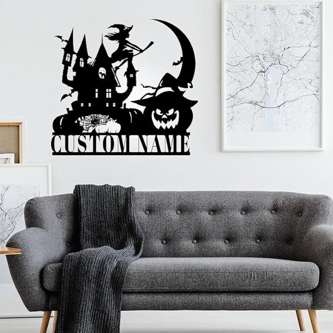 Spooky Halloween Metal Sign with Witch, Black Cat, and Pumpkin Art